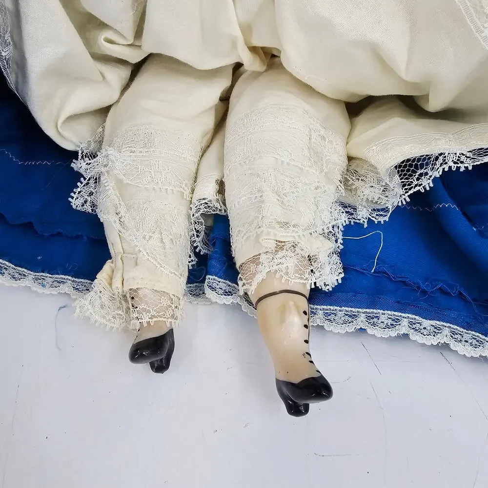 Rare Fine China Head Doll Blue Victorian Velvet & Lace Dress Circa 1980s 17